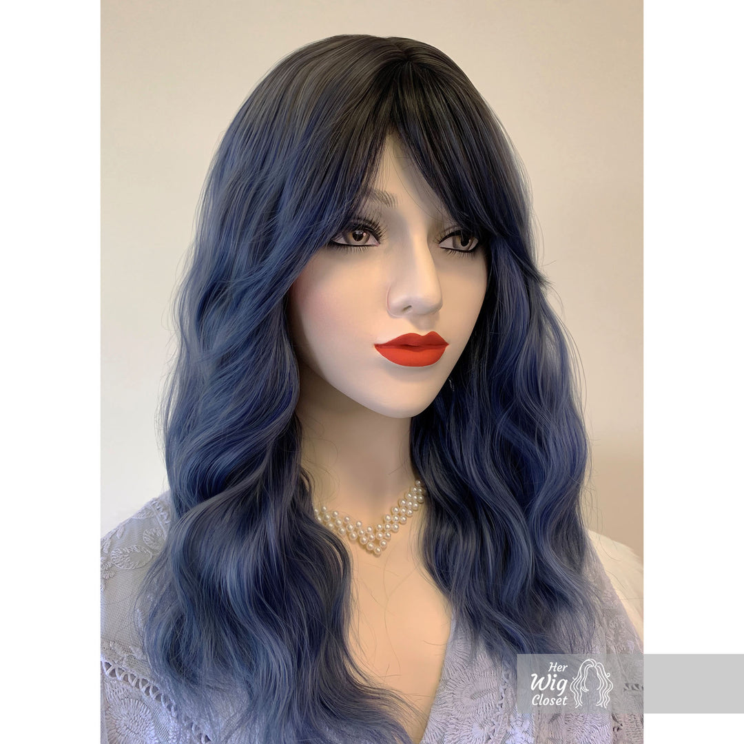 Odeta | 16" Dark Brown Ash Blue Gray Ombre Wavy Wig with Bangs