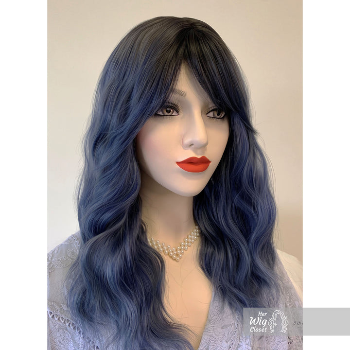 Odeta | 16" Dark Brown Ash Blue Gray Ombre Wavy Wig with Bangs
