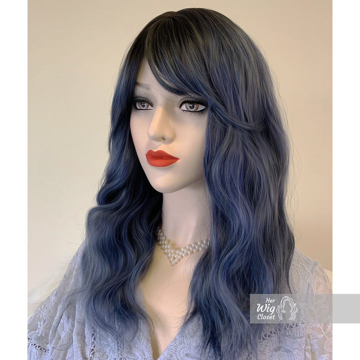 Odeta | 16" Dark Brown Ash Blue Gray Ombre Wavy Wig with Bangs