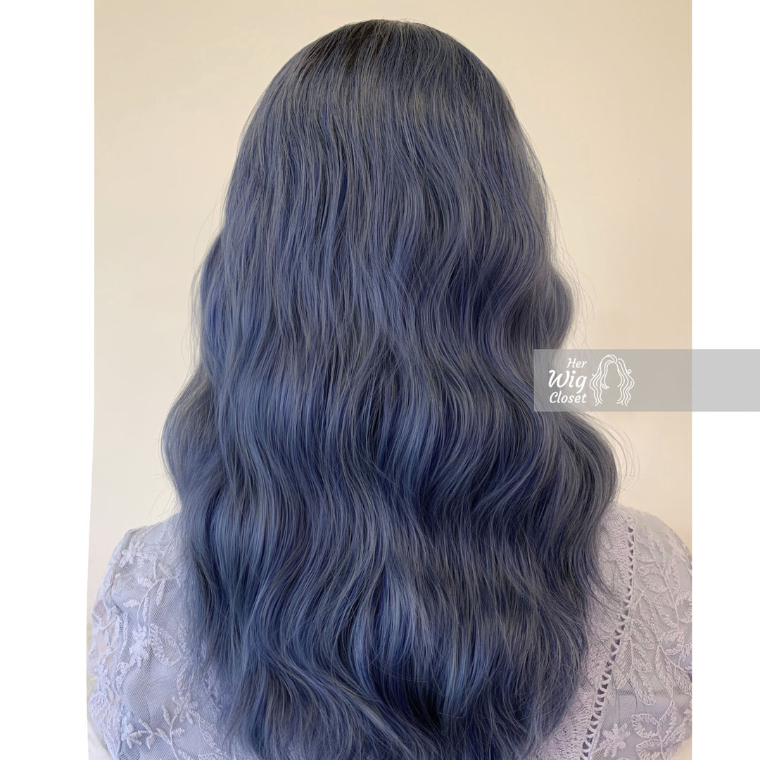 Odeta | 16" Dark Brown Ash Blue Gray Ombre Wavy Wig with Bangs