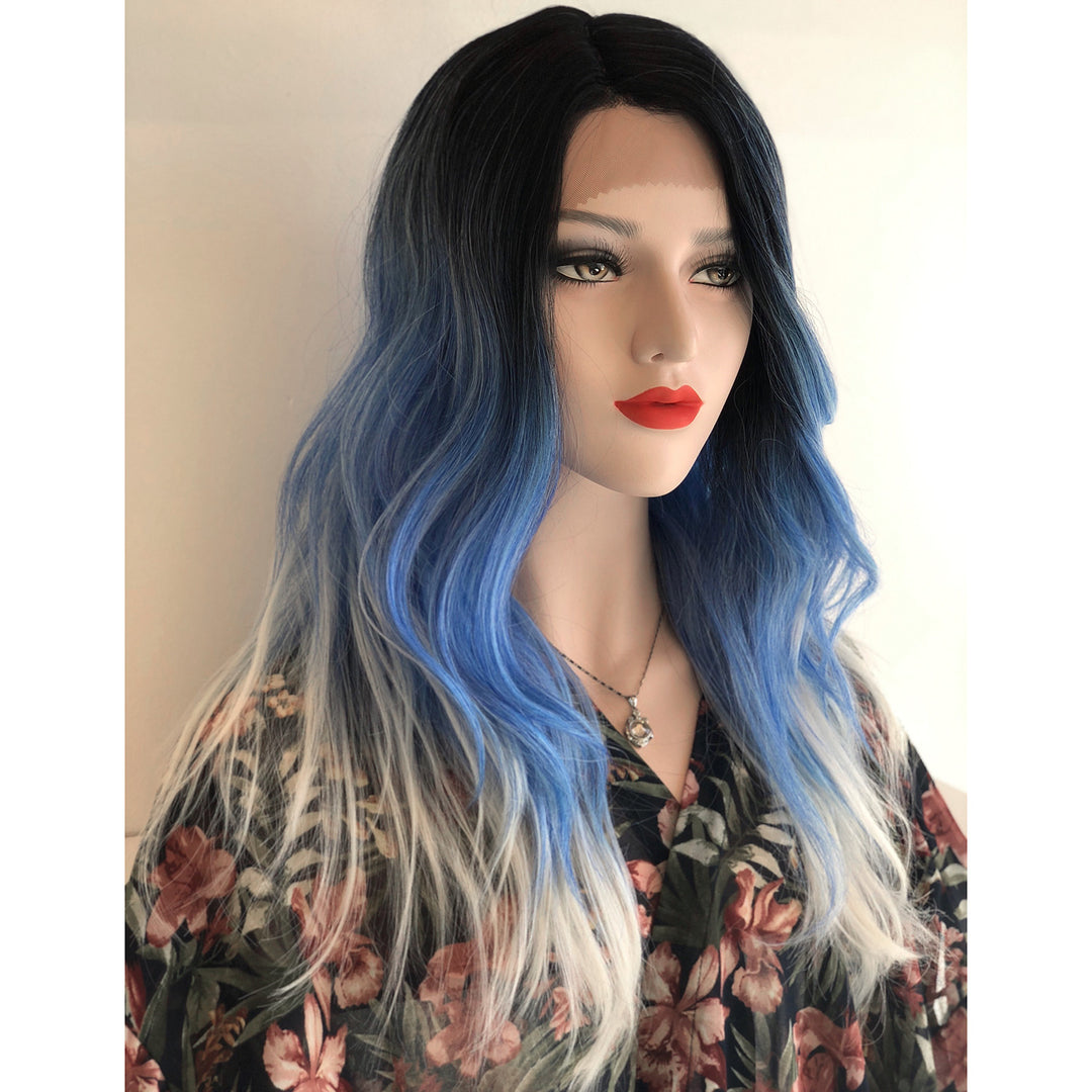 Sapphire | 20" Black Roots Blue/White Ombre Wavy Lace Wig