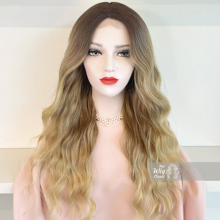 Dark Roots Ash Blonde Natural Ombre Wavy Lace Front Wig | Victoria