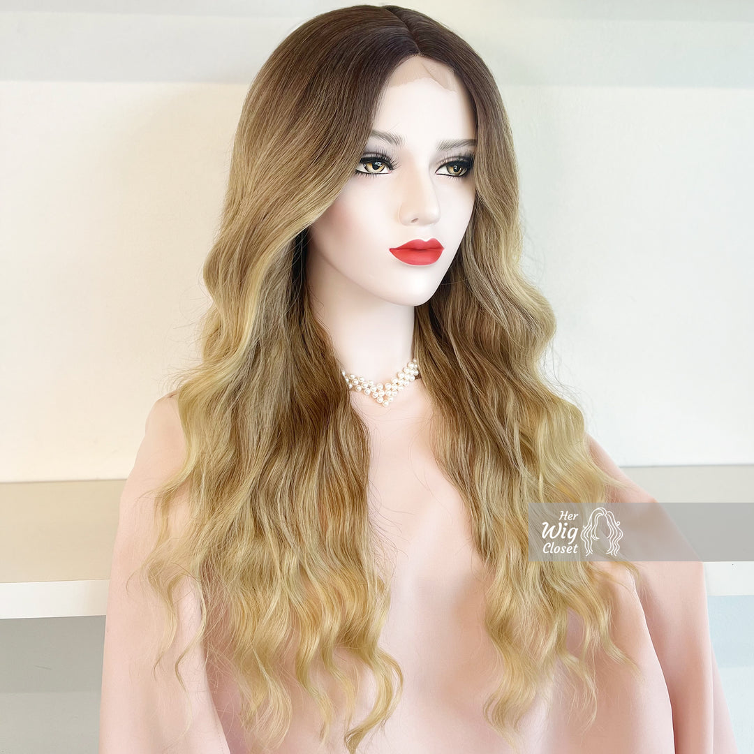 Dark Roots Ash Blonde Natural Ombre Wavy Lace Front Wig | Victoria