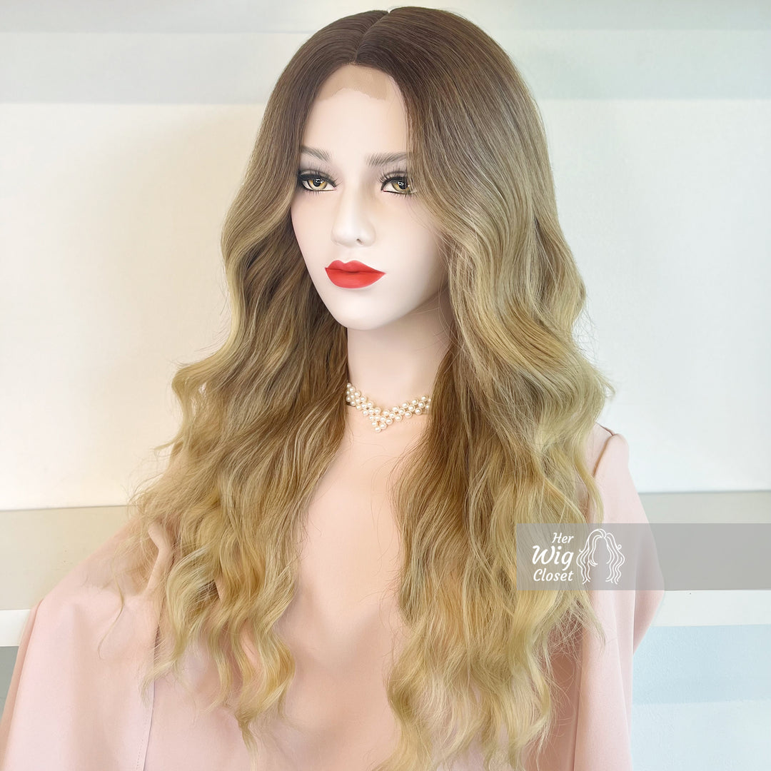 Dark Roots Ash Blonde Natural Ombre Wavy Lace Front Wig | Victoria