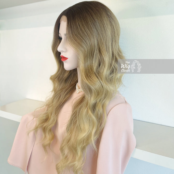 Dark Roots Ash Blonde Natural Ombre Wavy Lace Front Wig | Victoria