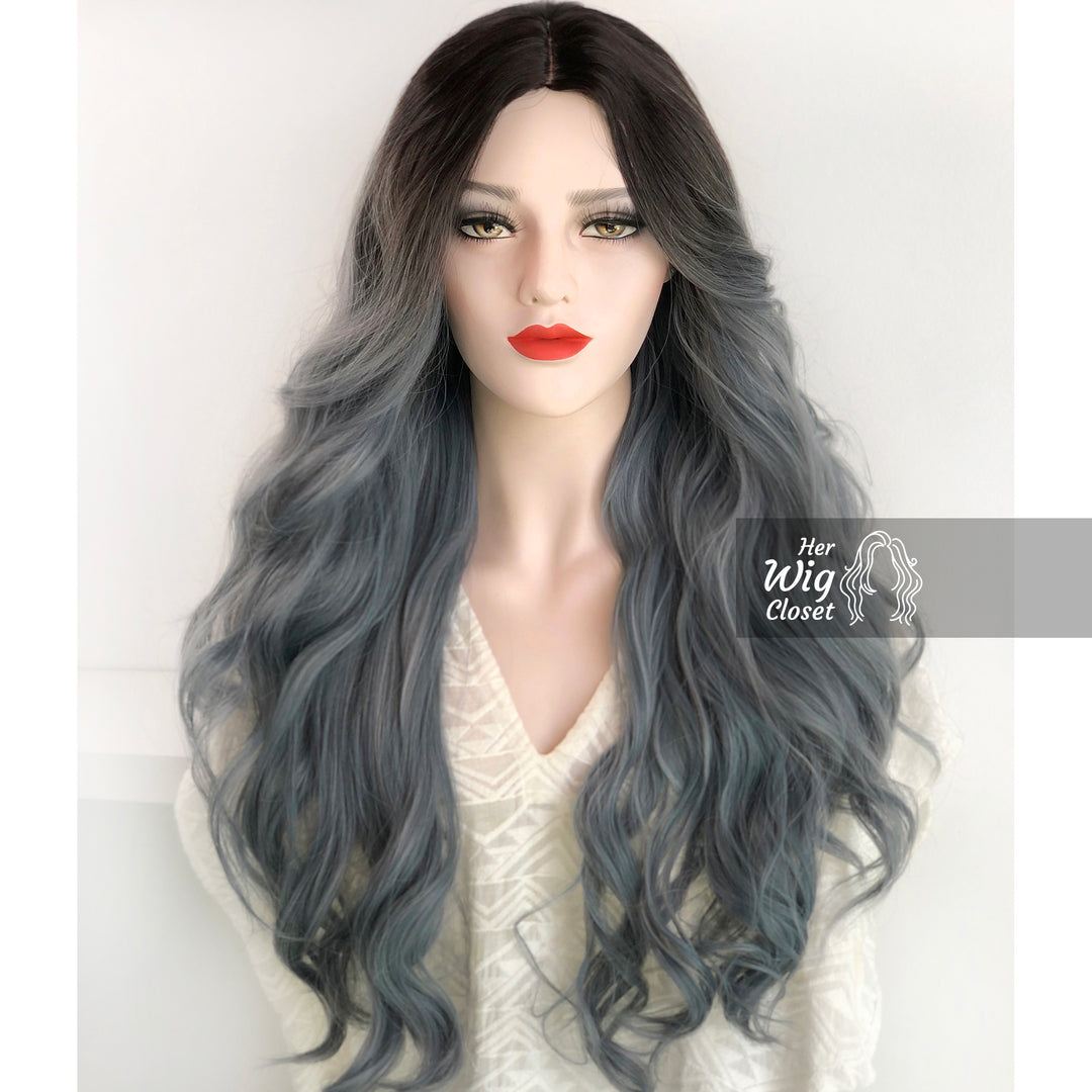 Ashy Blue Ombre Lace Front Wavy Wig | Viorel
