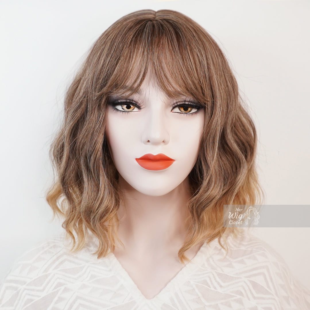 Ashy Brown Ombre Wavy Wig with Bangs | Angela