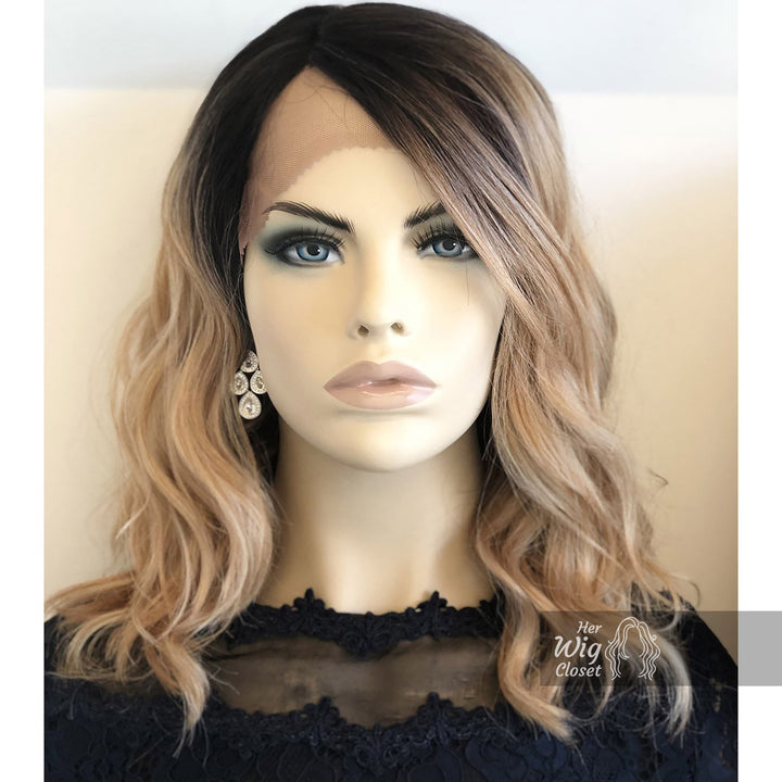 Angelina | 14" Blonde Ombré with Black Roots Wavy Side-Part Wig Her Wig Closet