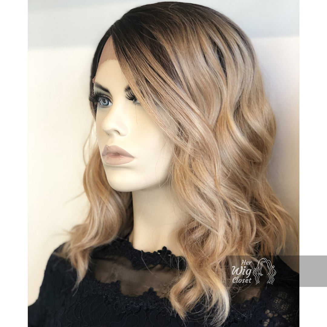 Angelina | 14" Blonde Ombré with Black Roots Wavy Side-Part Wig Her Wig Closet