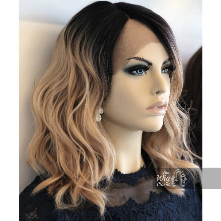 Angelina | 14" Blonde Ombré with Black Roots Wavy Side-Part Wig Her Wig Closet