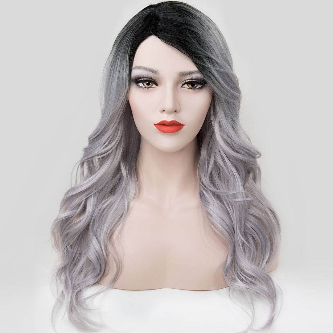 Karlie | 20" Side Part Dark Root Silver Wavy Wig