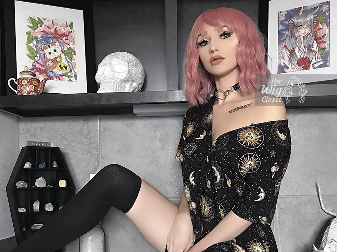 Pastel Pink Wavy Synthetic Bob Wig with Bangs Katy