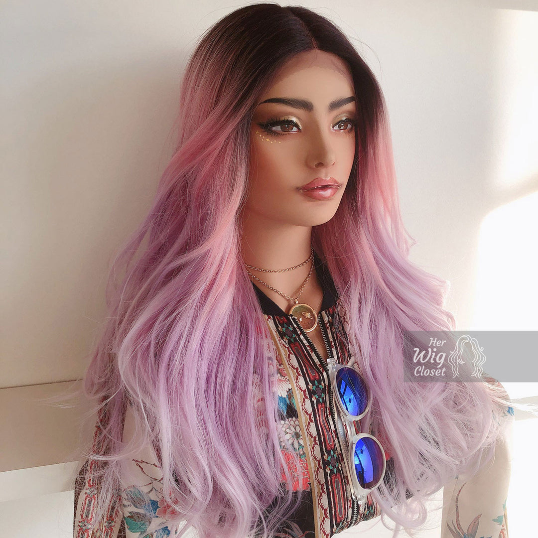 Kylie | 20" Pink and Purple Ombre Black Roots Lace Front Wig Her Wig Closet