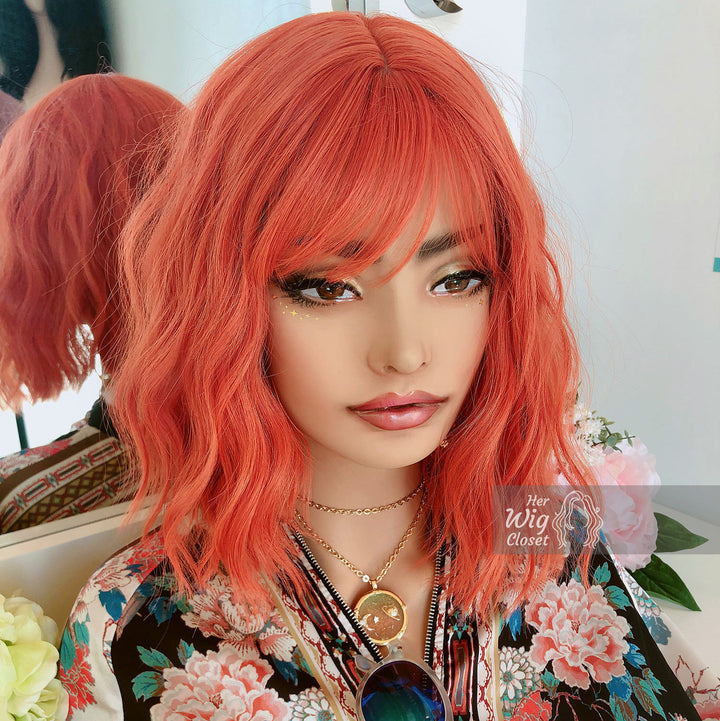 Lola | 12" Orange Wavy Bob Synthetic Wig with Bangs Her Wig Closet